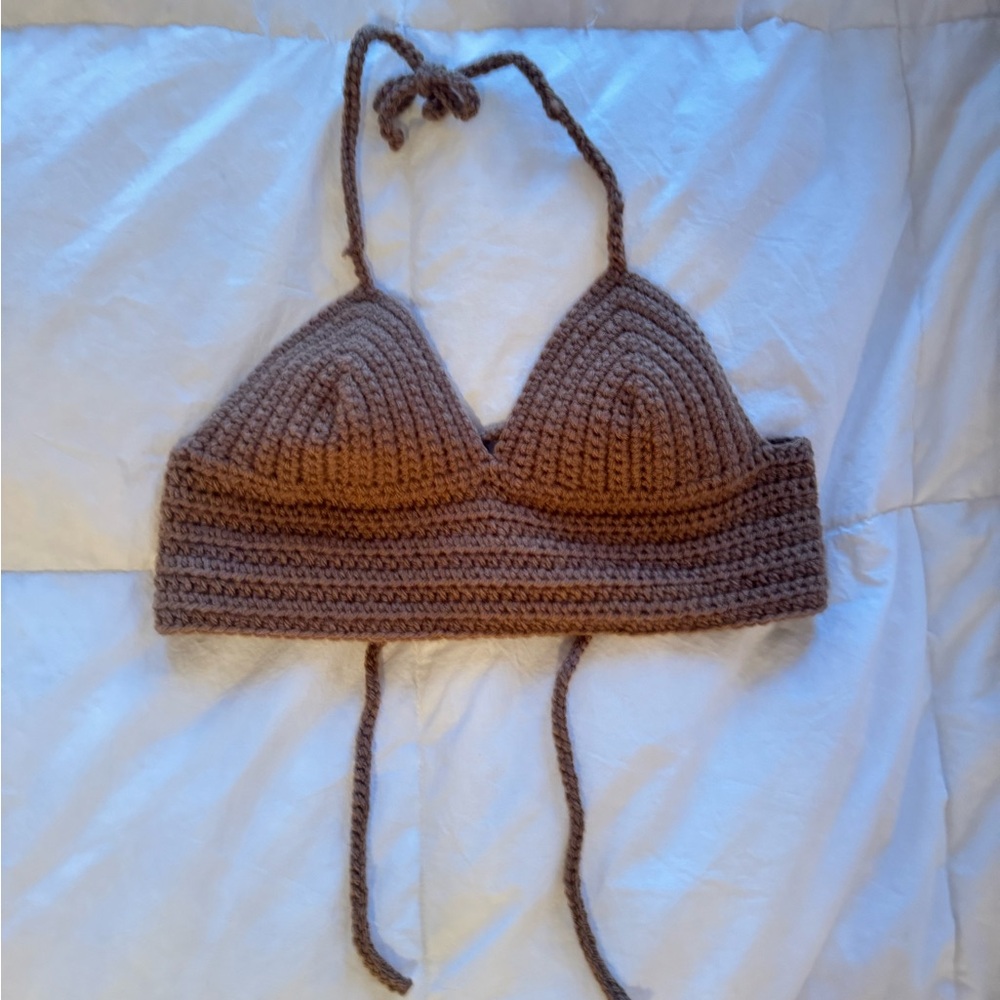 Brown crochet tie back top, one size
